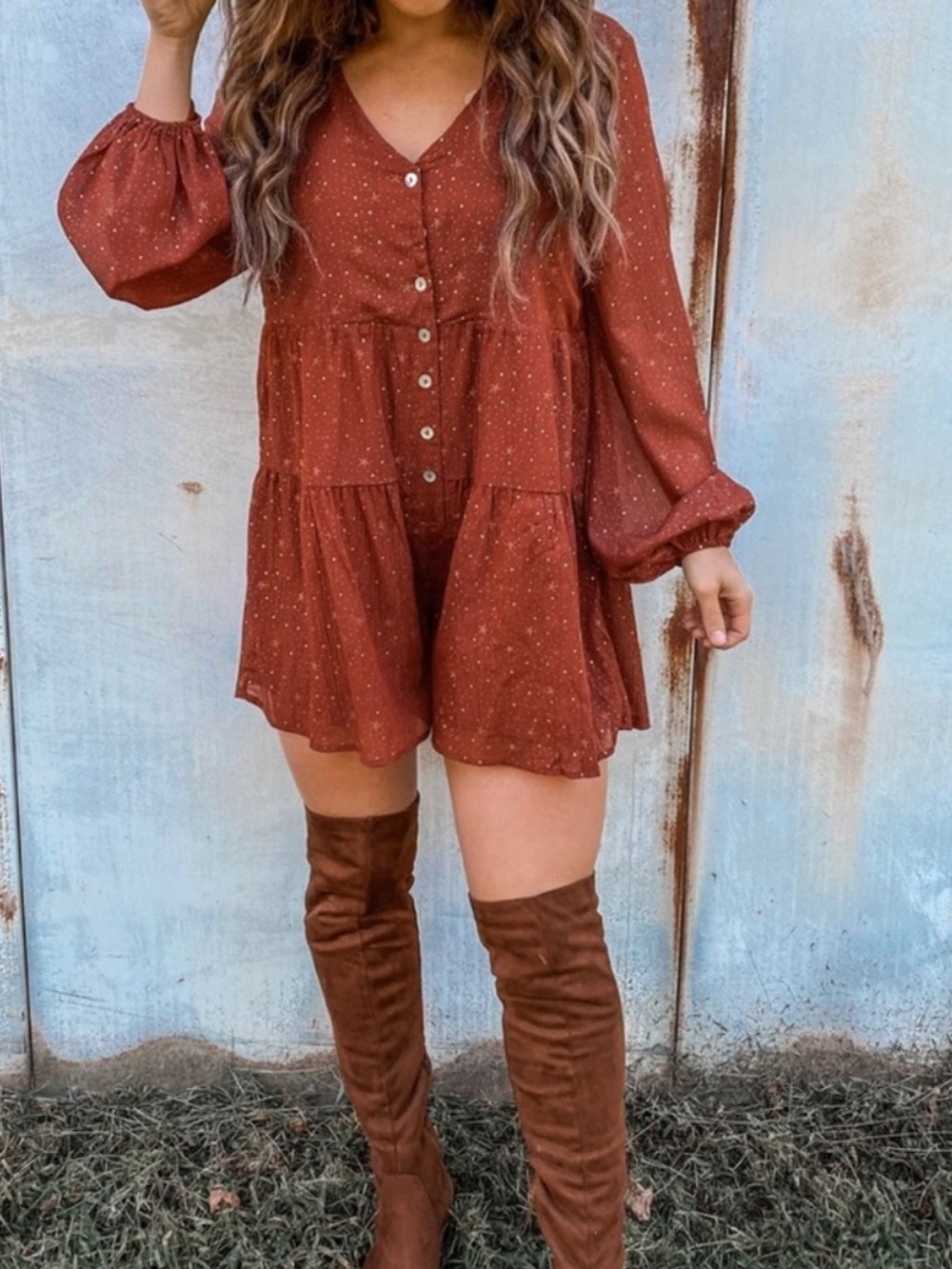 entro Adorable rust and gold star metallic romper